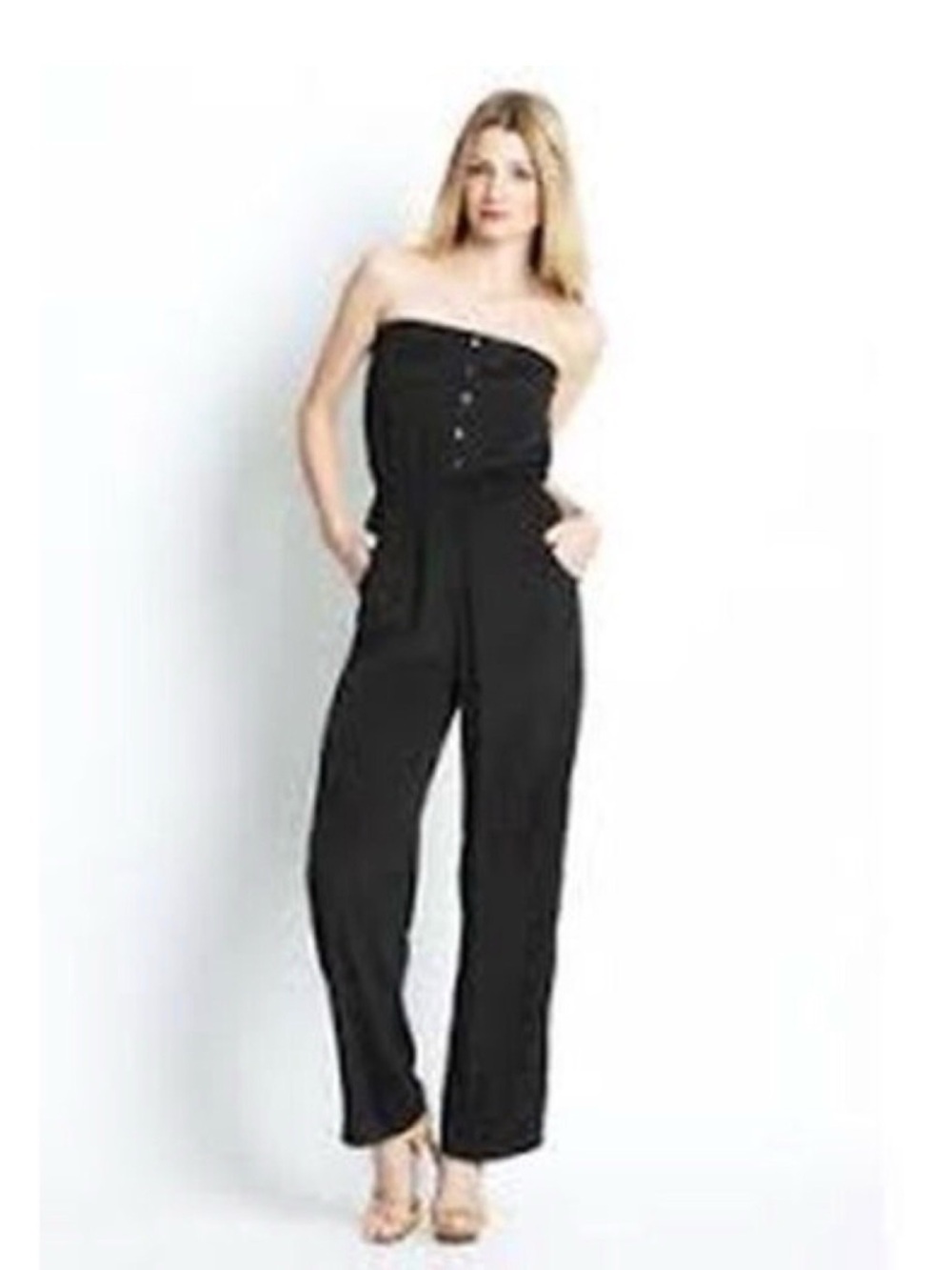 Walter Baker Black Strapless Jumpsuit Button Down Size XS Pocket Culotte Wide